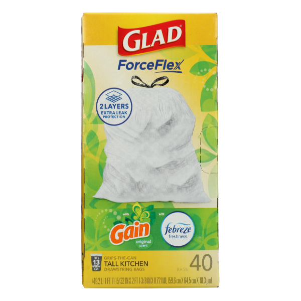 Glad Febreze Freshness Gain Original Scent Tall Kitchen Drawstring Trash Bags 13gal - 40 Each