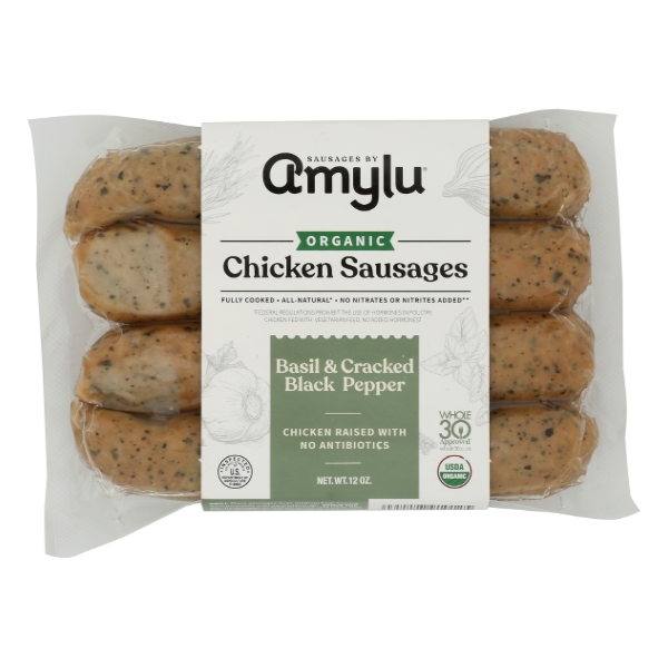 Amylu Organic Basil & Cracked Black Pepper Chicken Sausages - 12 Ounce